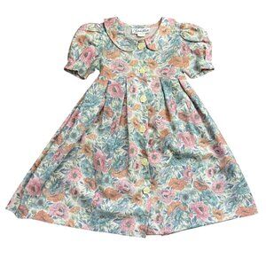 Vintage Sylvia Whyte Floral Dress With Peter Pan‎ Collar Girls Size 4 Tie Sash